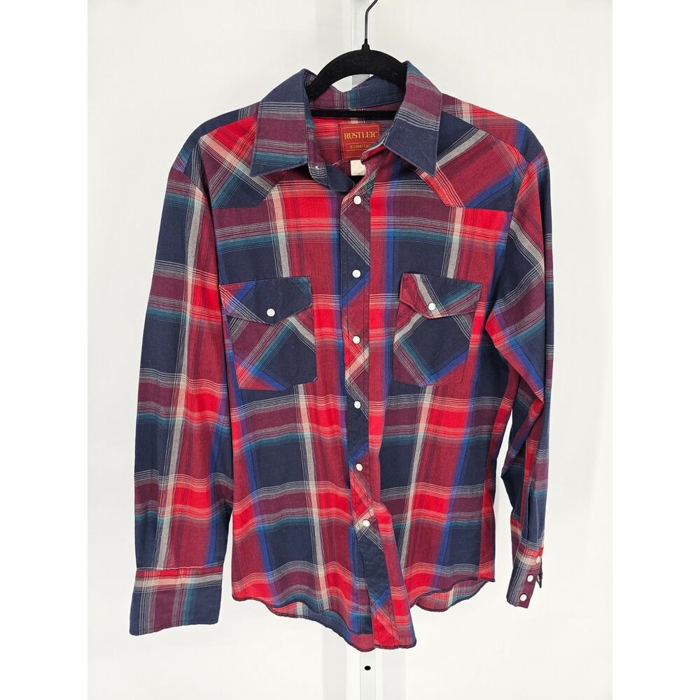 Vtg Rustler Mens Sz M Long Sleeve Pearl Snap Western Shirt Plaid Blue Red